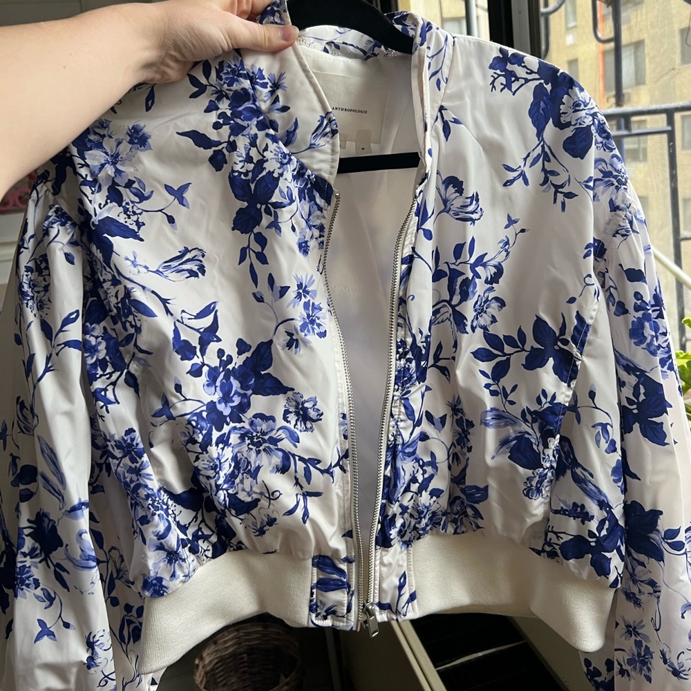 By Anthropologie Cropped Bomber Jacket - Blue and White Size M